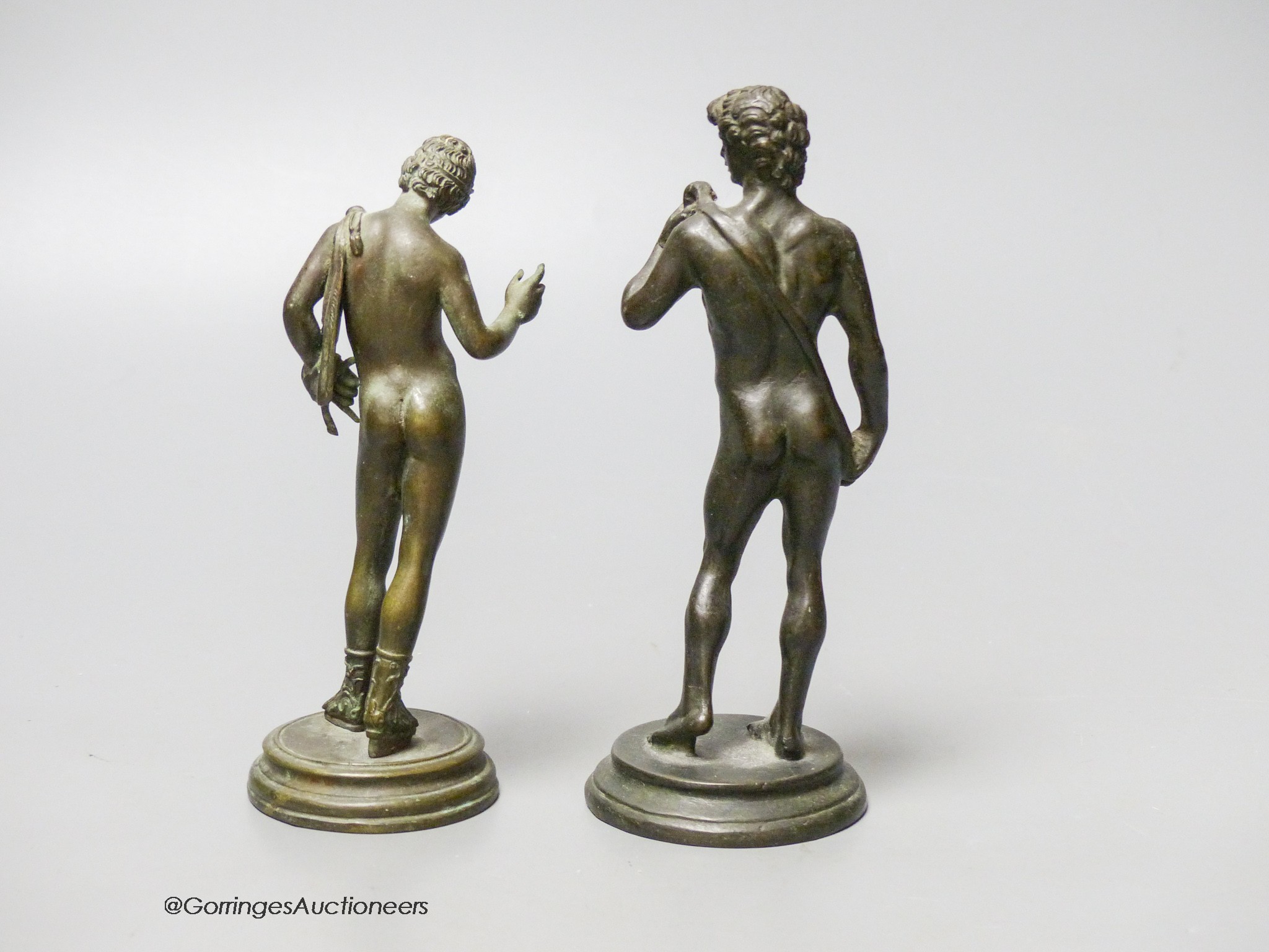 Two 19th century bronze figures, after the Antique, of David and another, tallest 14cm